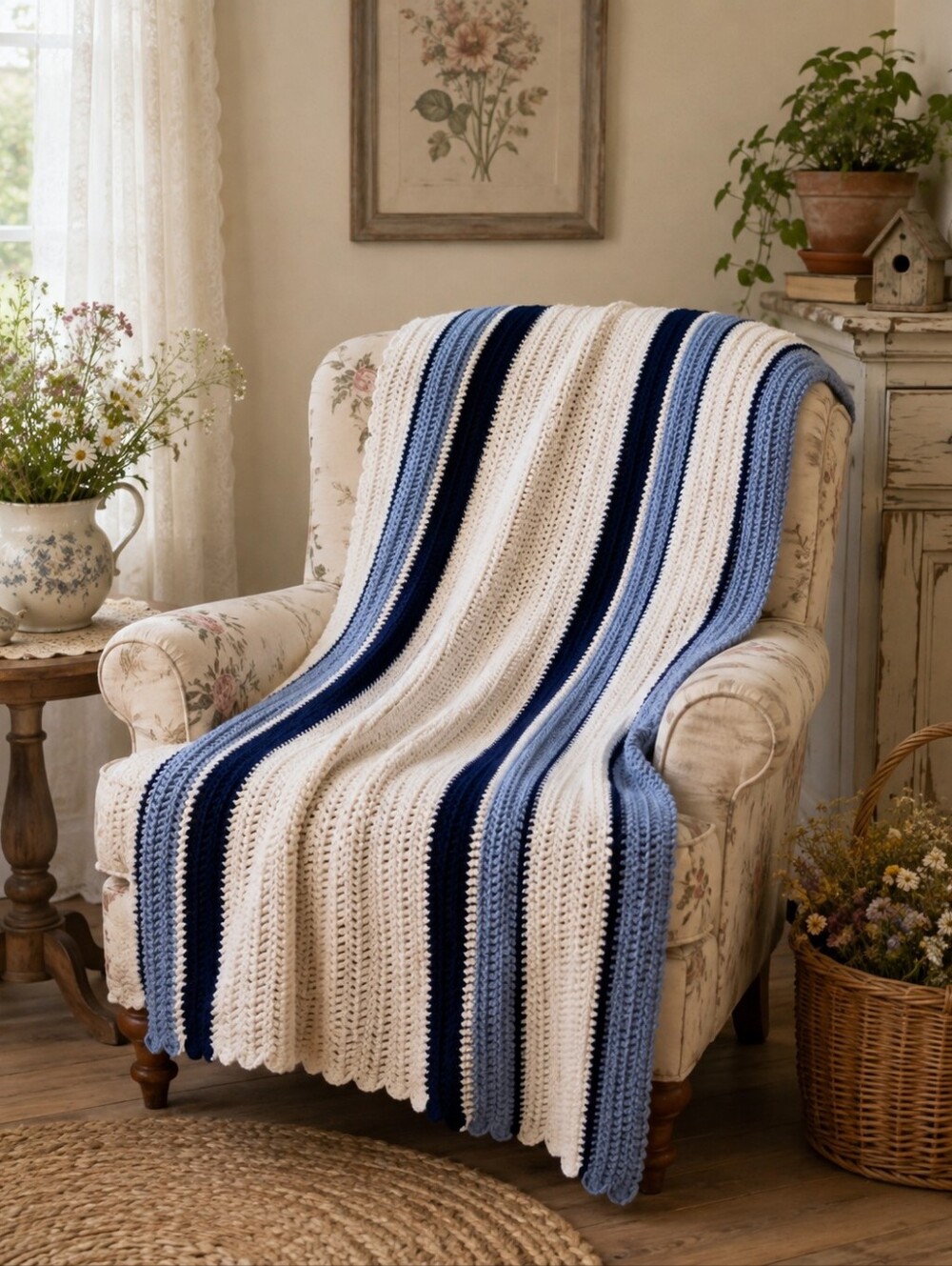 Handmade Crochet Stripe Throw Blanket in Cream and Blues